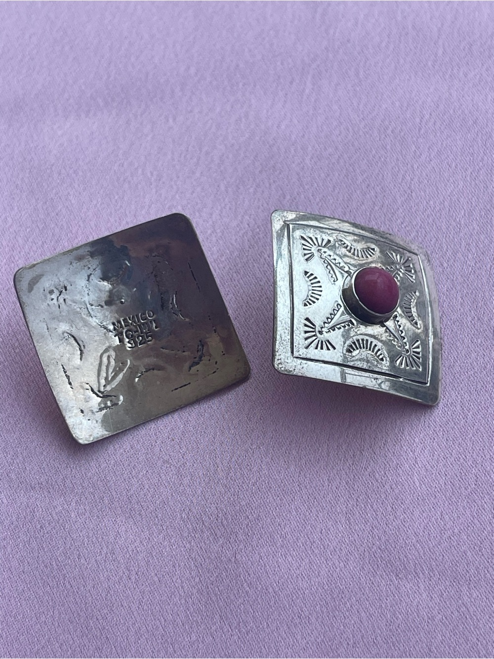 Sterling Silver Mexican Southwestern Clip Earrings with Pink Stone